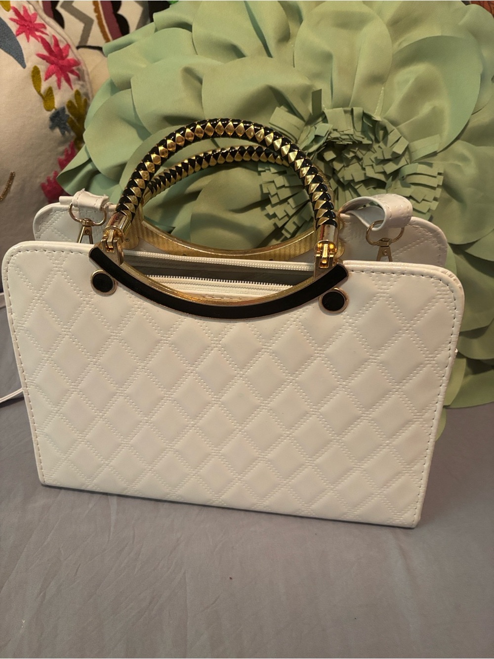 Quilted patent Leather Top-Handle Satchel - White
